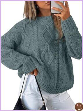 Oversized Cable Knit Cotton Sweater Crew Neck Pullover